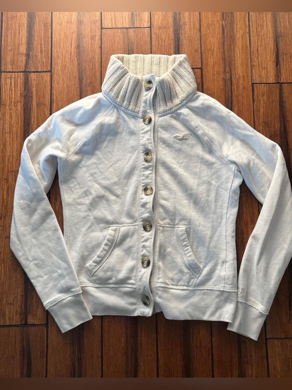 vintage white button up sweater with knit collar - hollister